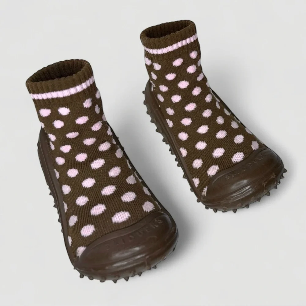 Skidders Brown Baby Shoes with Pink Polka Dots Size 8 / 24M Walker - Picture 4 of 9